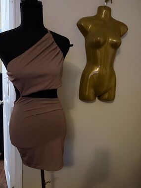 SHEIN One-Shoulder Cutout Bodycon Dress in Taupe